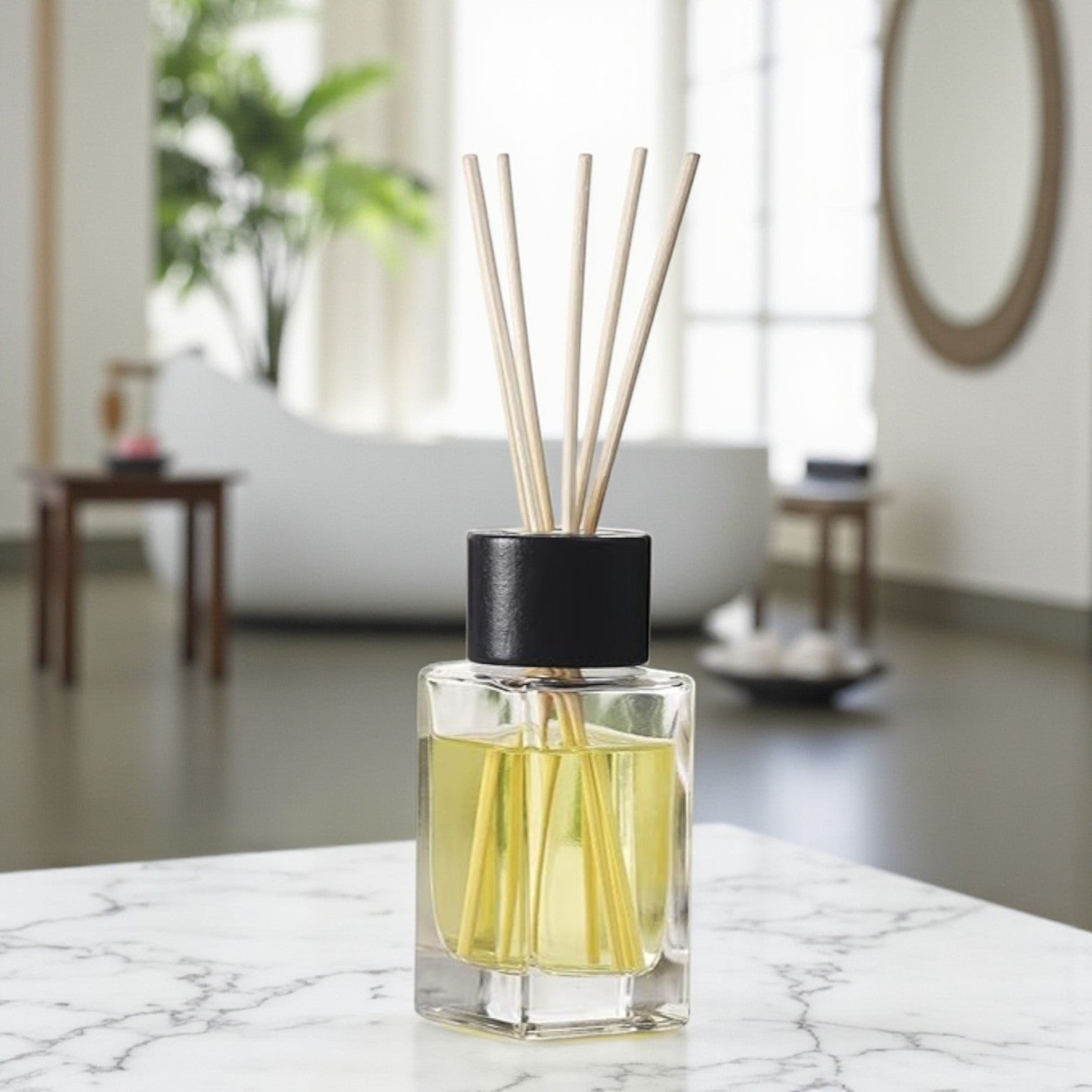Flacon Diffuseur en Verre Diamant avec 6 Bâtonnets Naturels - Bouchon Bois Noir